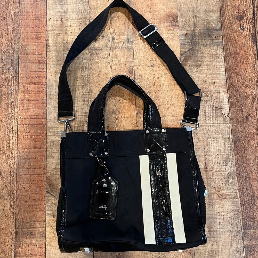 Milly - Mod look B&W Messenger Tote Bag. Color Block Canvas & Patent Leather - Picture 10 of 16
